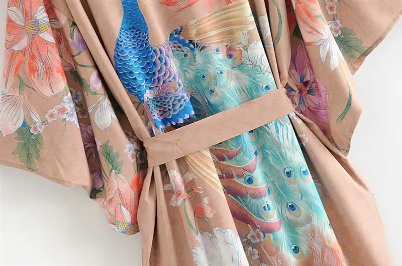 Kimono Long Beige à Fentes Ceinture