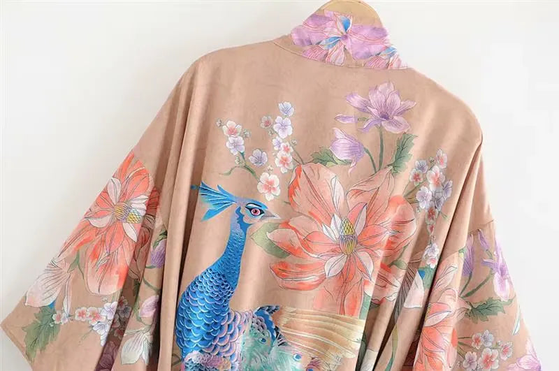 Kimono Long Beige à Fentes Col