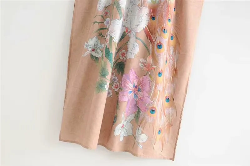 Kimono Long Beige à Fentes Léger