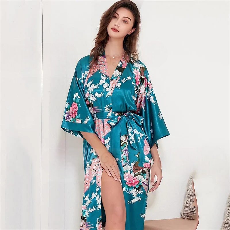 Kimono Long Femme Effet Soyeux Bleu
