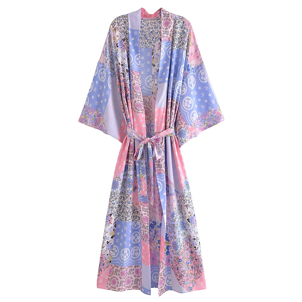 Kimono Long Fleuri Rose et Bleu Stylé