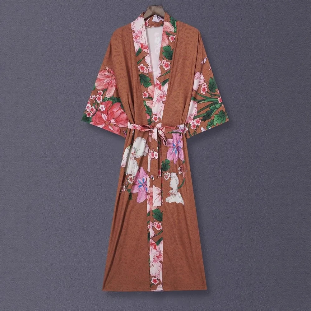 Kimono Marron à Motifs Floraux Devant