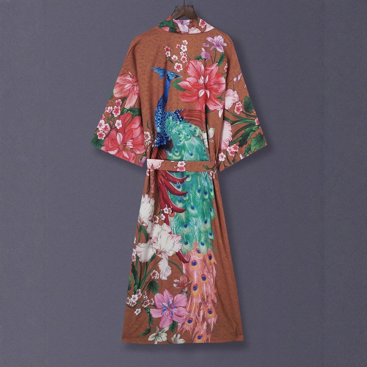 Kimono Marron à Motifs Floraux Dos