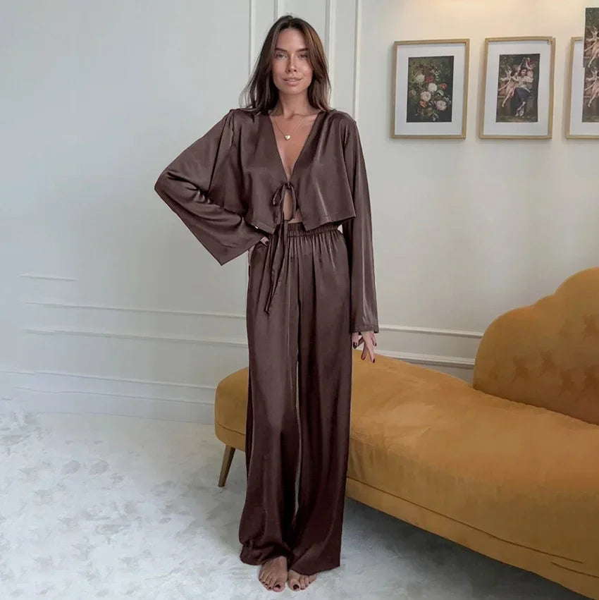 Kimono Pyjama Marron Satiné longue