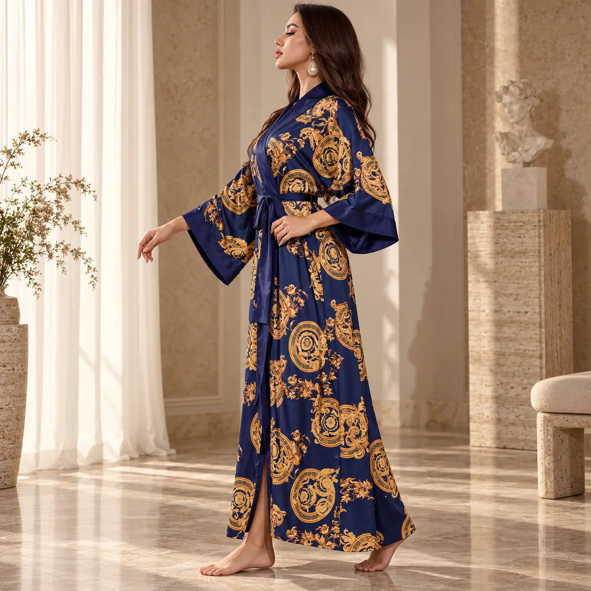 Kimono Soyeux Femme Nuit  Bleu