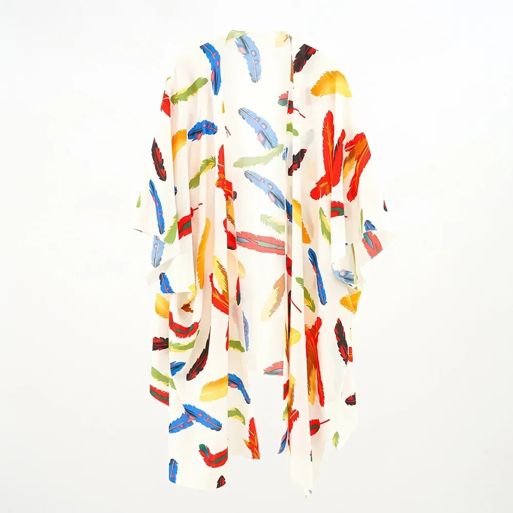 Kimono de Plage Blanc Motif Plumes Stylé