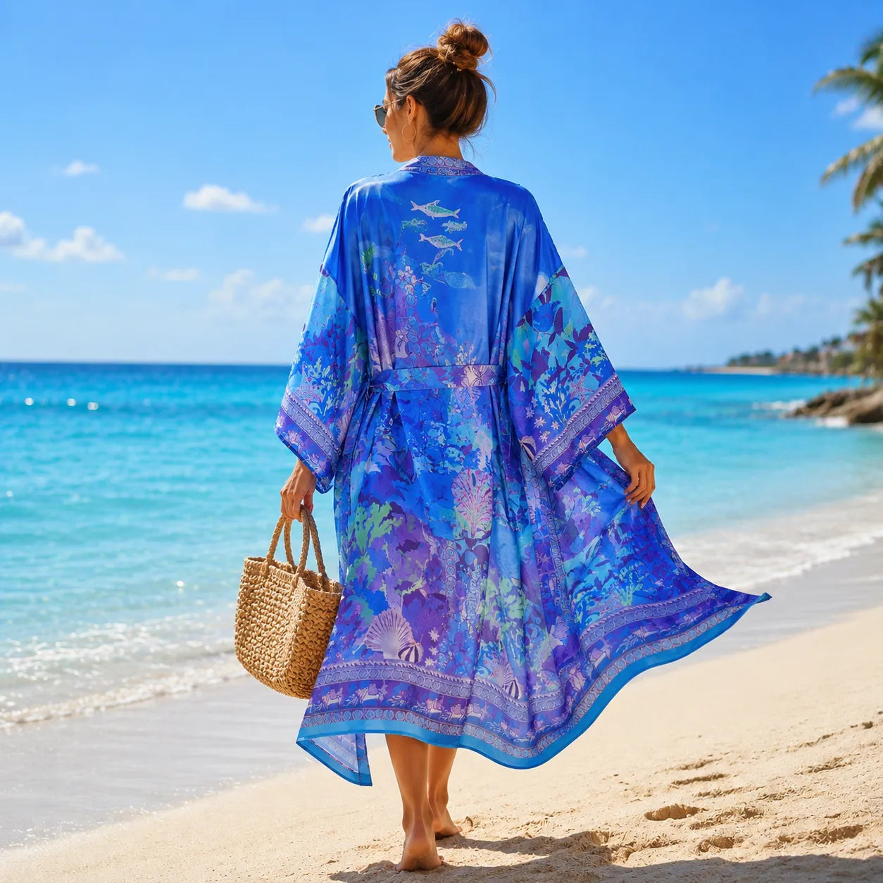 Kimono de Plage Bleu Coquillage Design