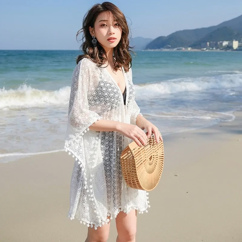 Kimono de Plage Bohème à Pompons courte