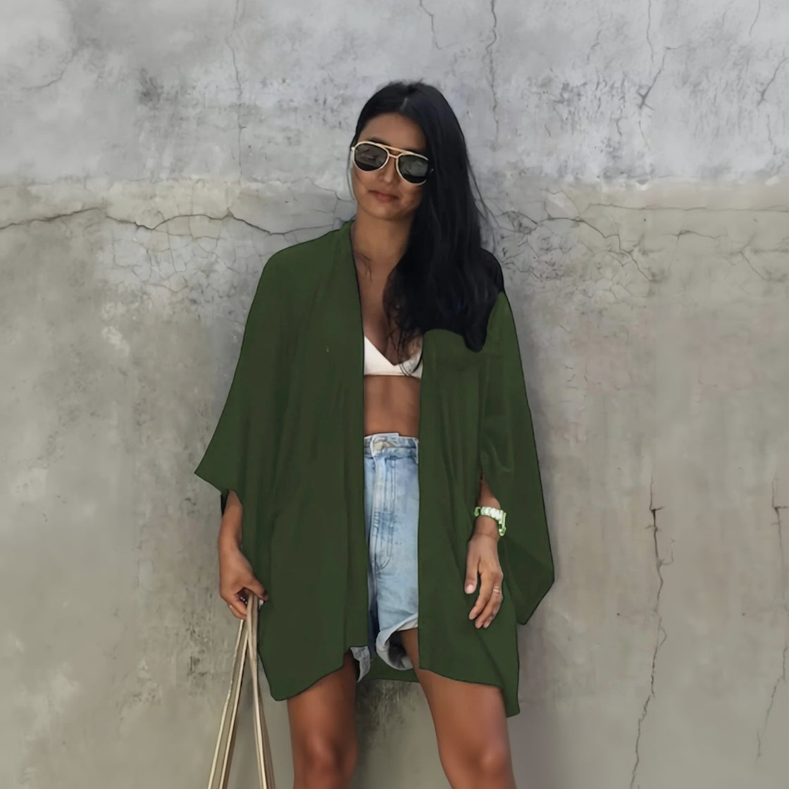 Kimono de Plage Court Vert Militaire