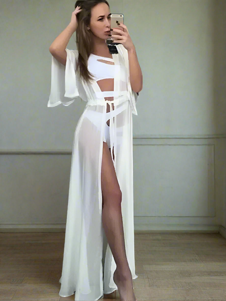 Kimono de Plage Estival Blanc à Manches Courtes