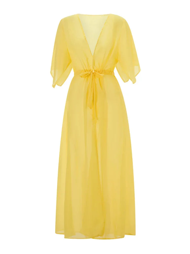 Kimono de Plage Femme Jaune Léger Chic