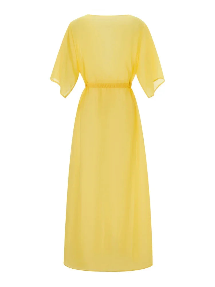 Kimono de Plage Femme Jaune Léger Transparent