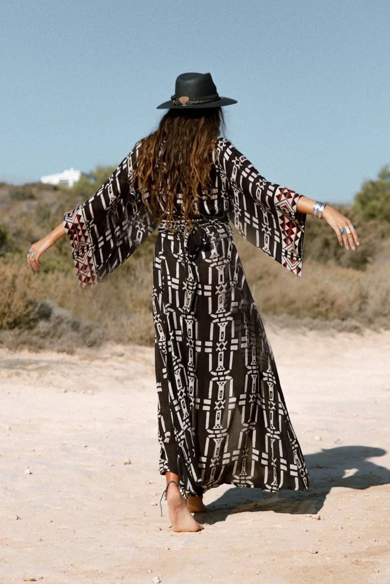 Kimono de Plage Noir Ceinturé léger