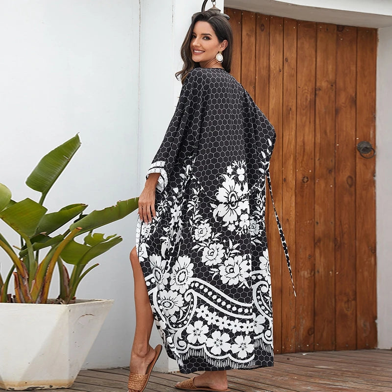 Kimono de Plage Noir à Motifs Géométriques long