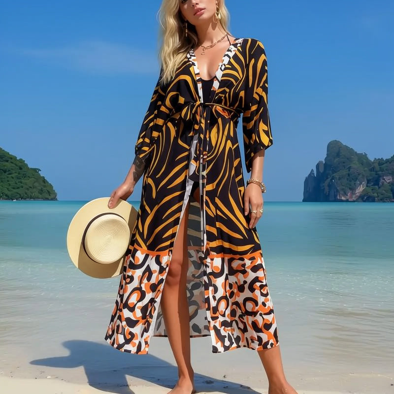 Kimono de Plage Orange et Noir long
