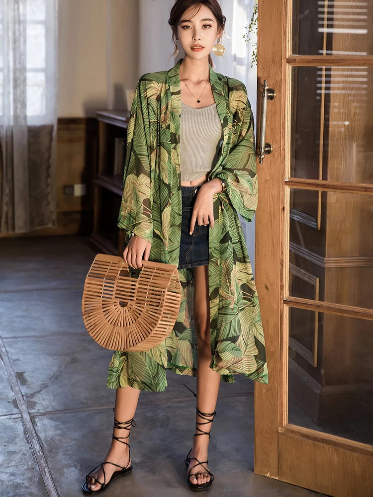 Kimono de Plage Vert à Feuillage fluide