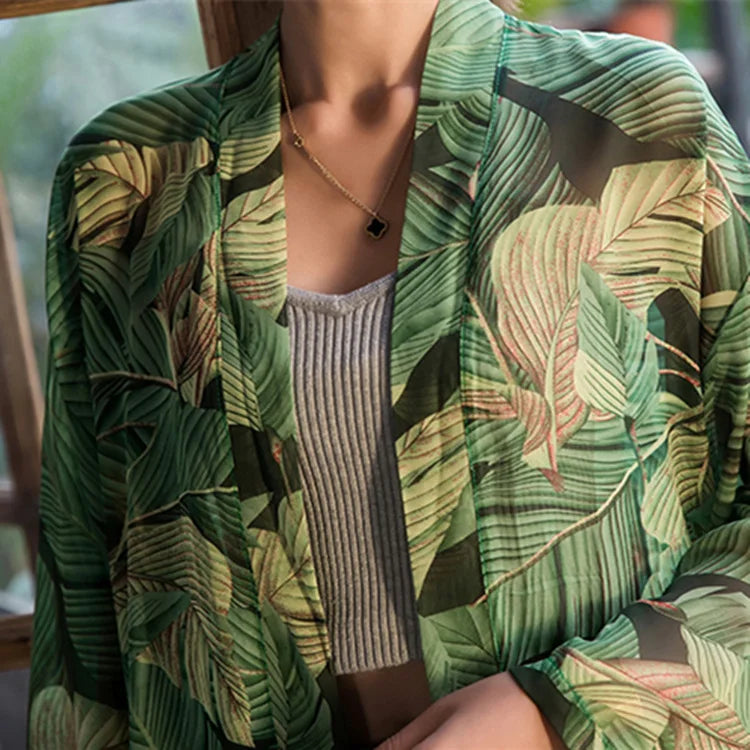 Kimono de Plage Vert à Feuillage long