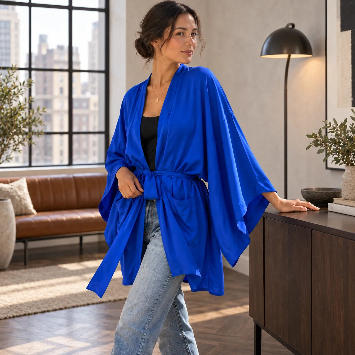Kimono de Plage en Coton Bleu