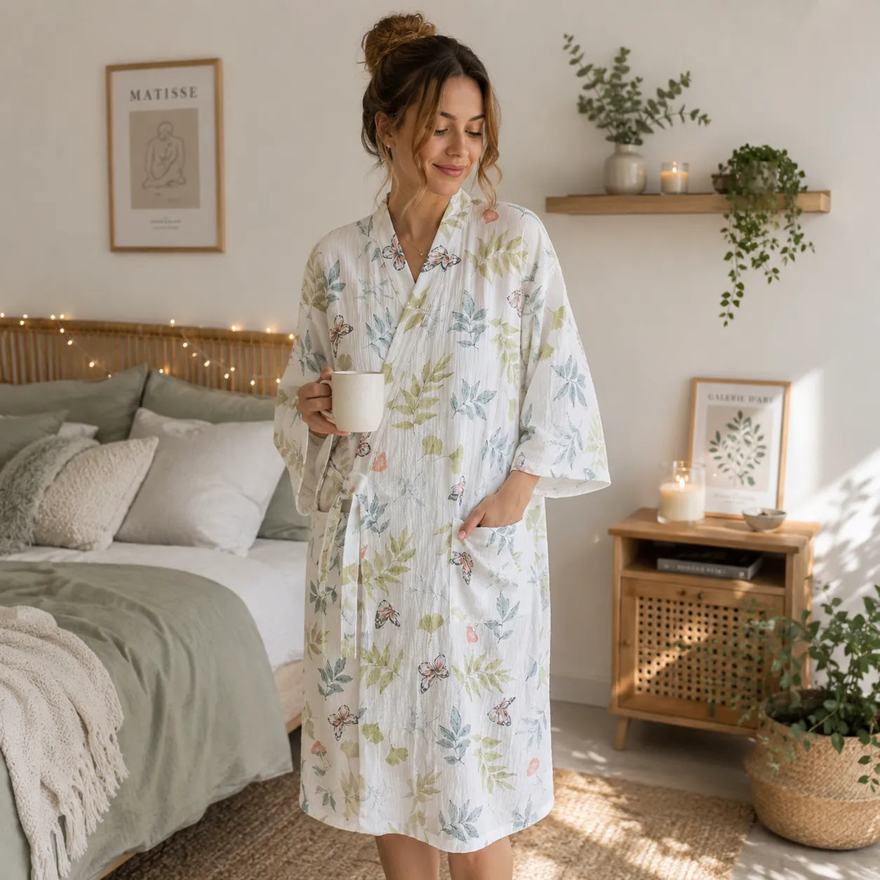 Peignoir Kimono Confortable à Feuillages