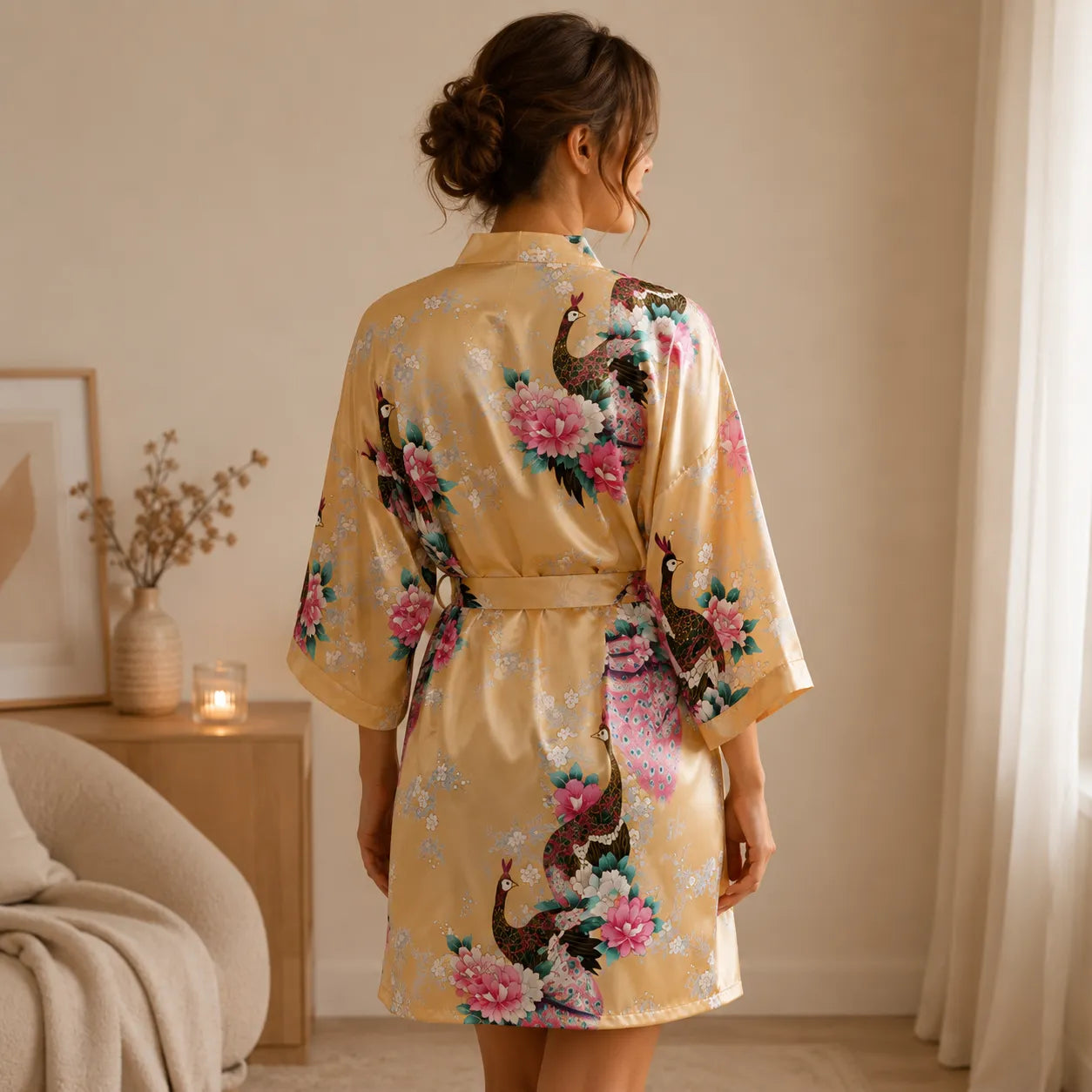 Peignoir Kimono Jaune Fleuri Léger