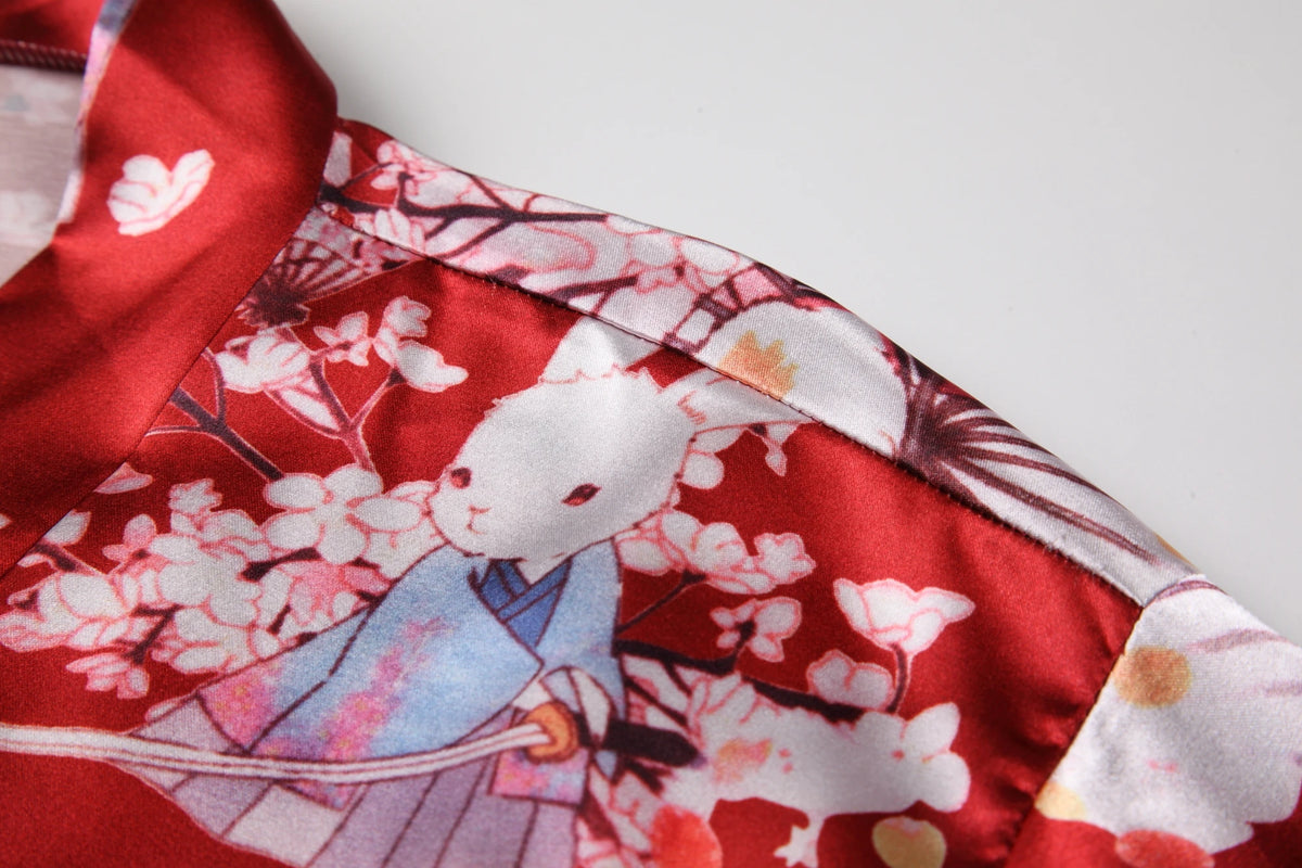 Peignoir Kimono Rouge Sakura motif floral