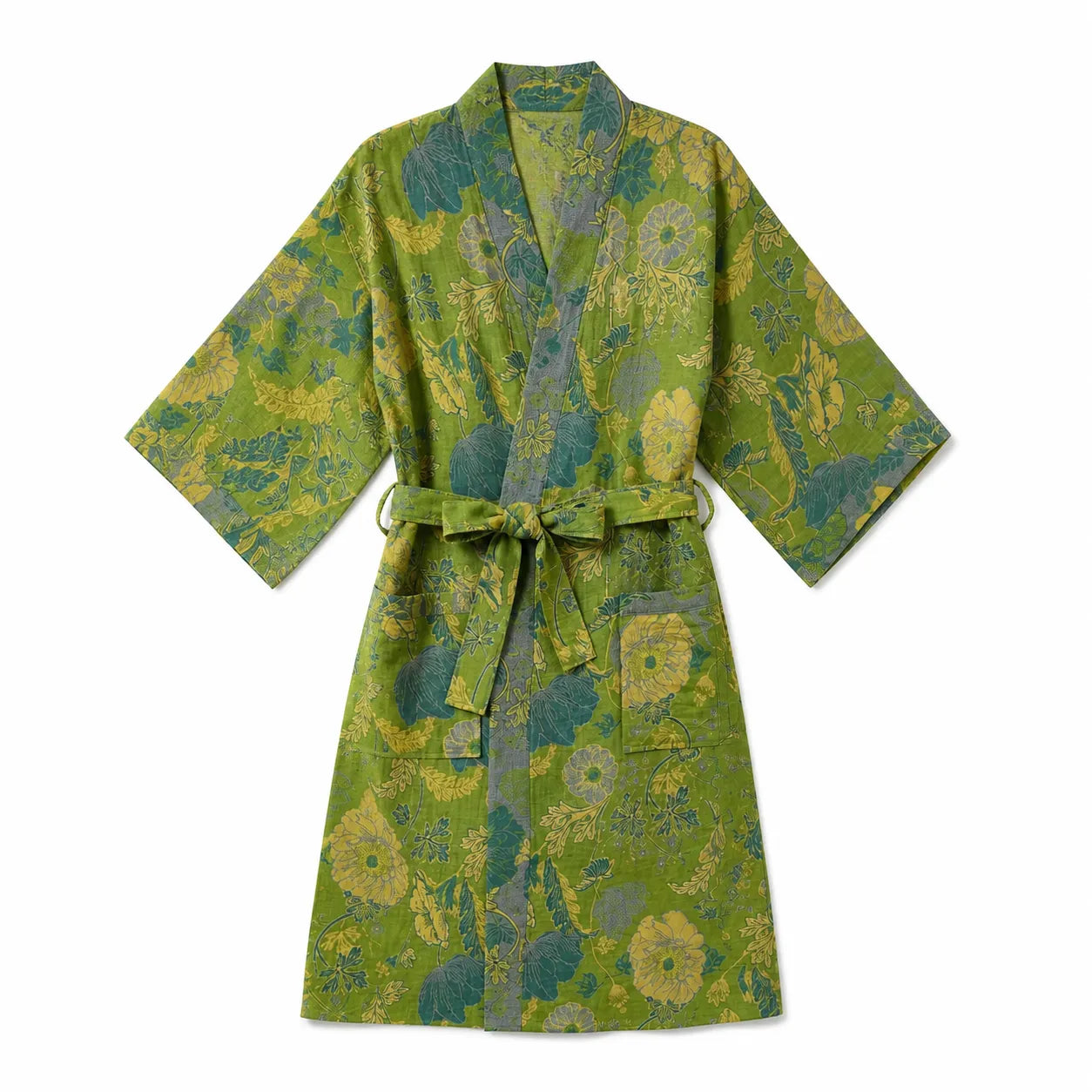 Peignoir Kimono Vert Fleuri Stylé