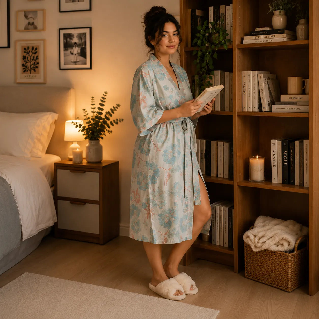 Peignoir Kimono en Coton à Fleurs Bleues 