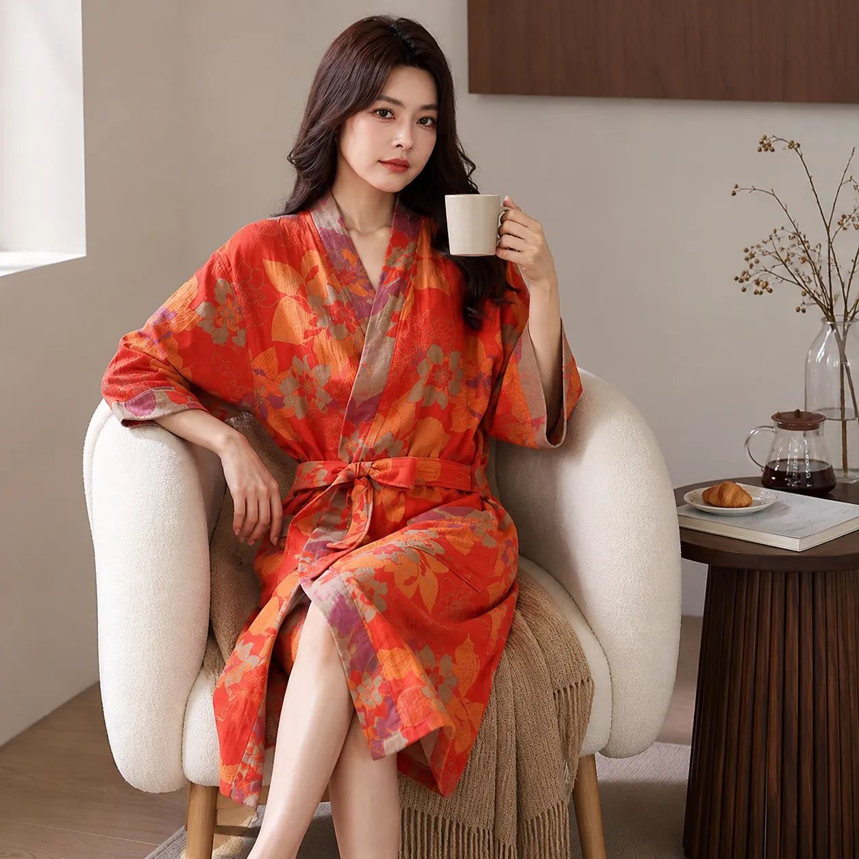 Peignoir Kimono en Coton à Fleurs Design