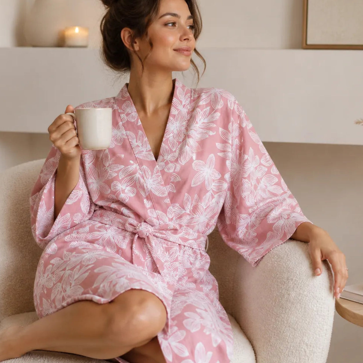 Peignoir Kimono en Gaze de Coton Rose