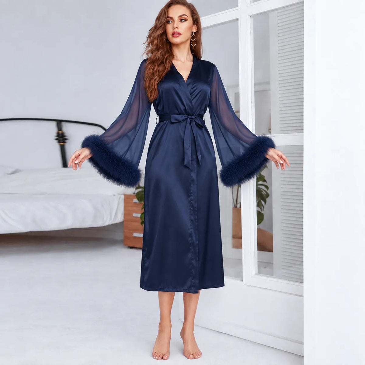 Peignoir Satin Bleu Marine Léger
