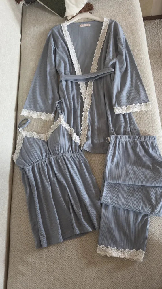 Pyjama 3 Pièces Veste Kimono Bleu