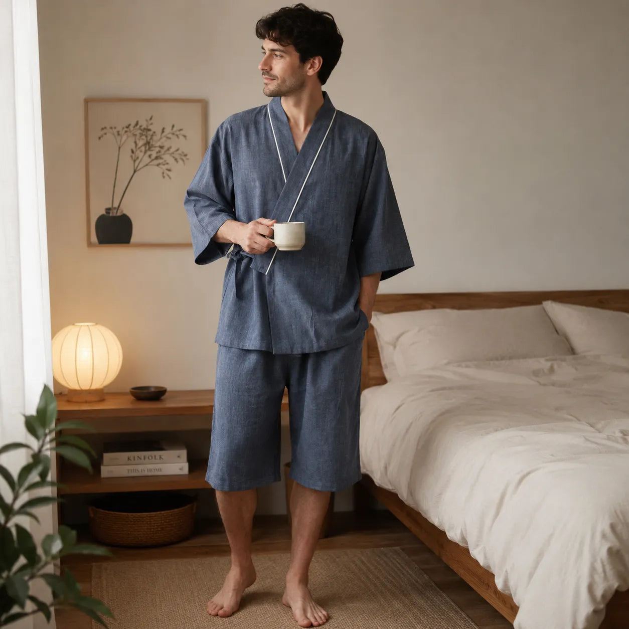 Pyjama Kimono Bleu Confortable en Coton