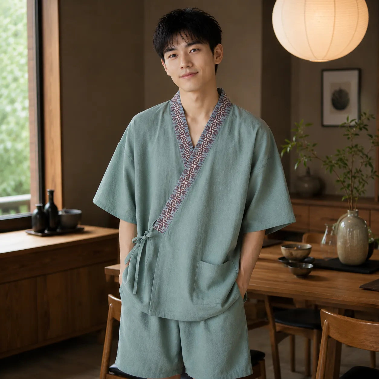 Pyjama Kimono Homme estival vert Court