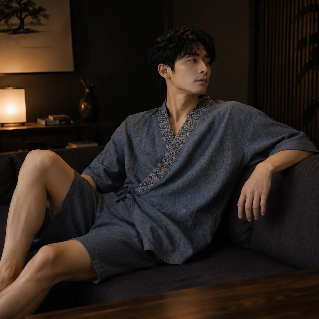 Pyjama Kimono Short Gris Moderne