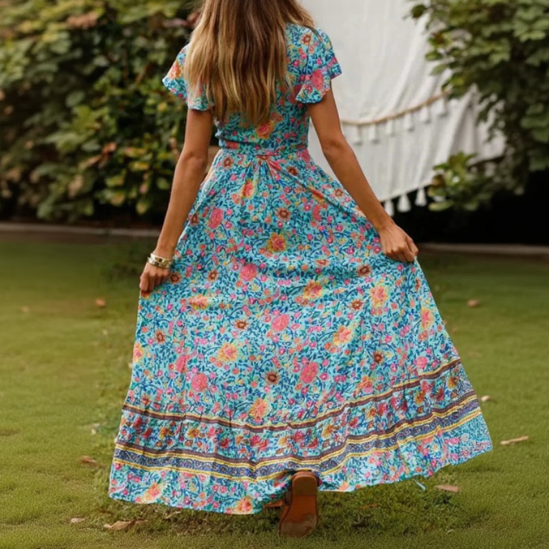 Robe Kimono Bleue Fleurie Design