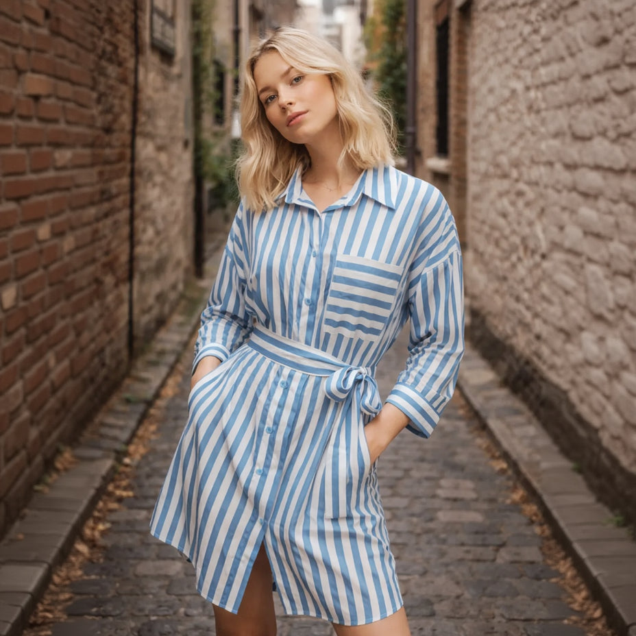 Robe Kimono Chemise Rayée Bleue 