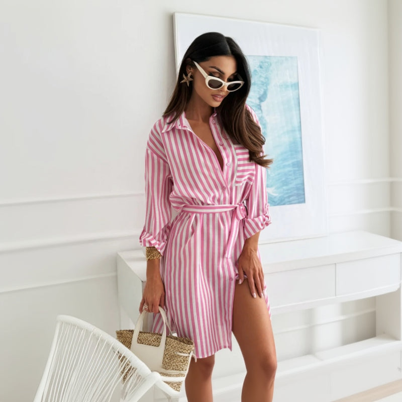Robe Kimono Chemise Rayée Rose 