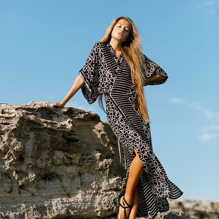 Robe Kimono à Fente Noire