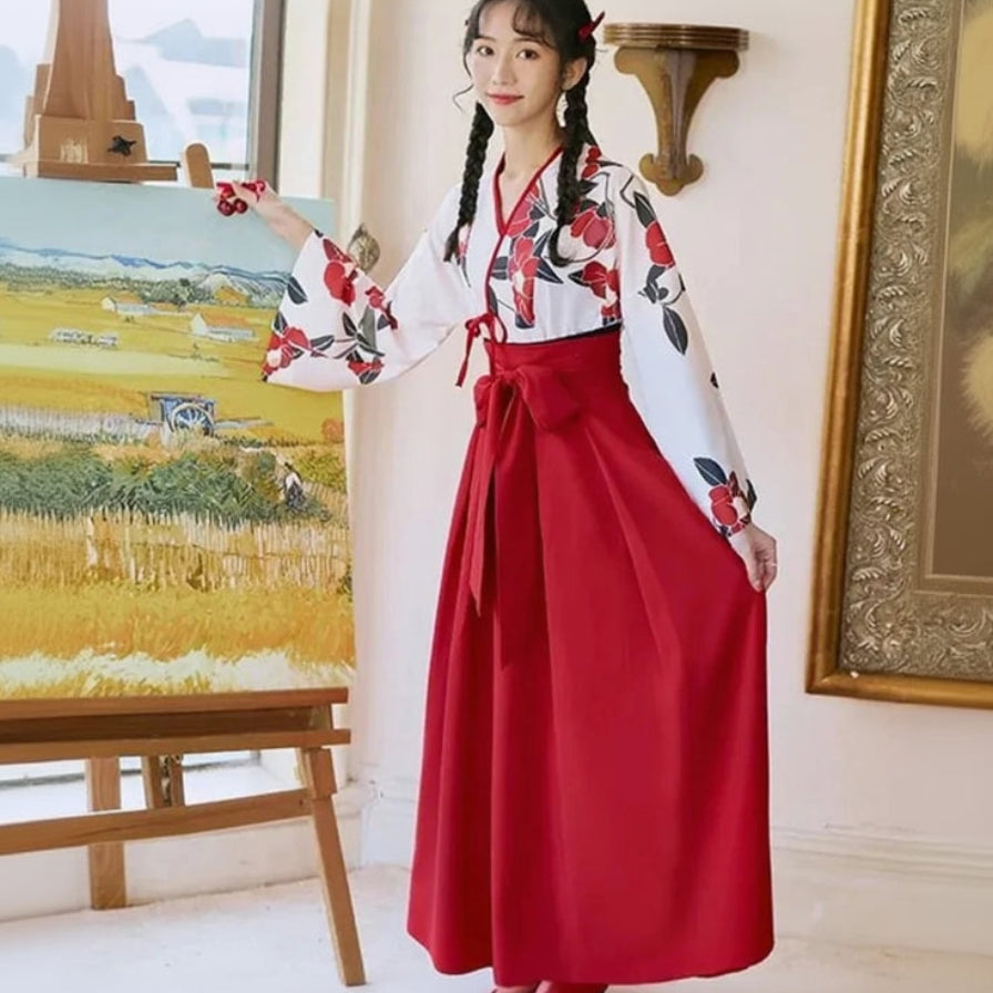 Robe Kimono Japonaise Fleurie Rouge et Blanc Stylé