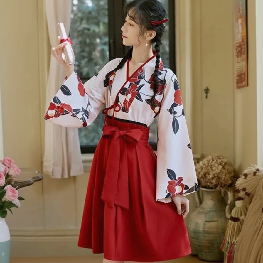Robe Kimono Japonaise Fleurie Rouge et Blanc Style