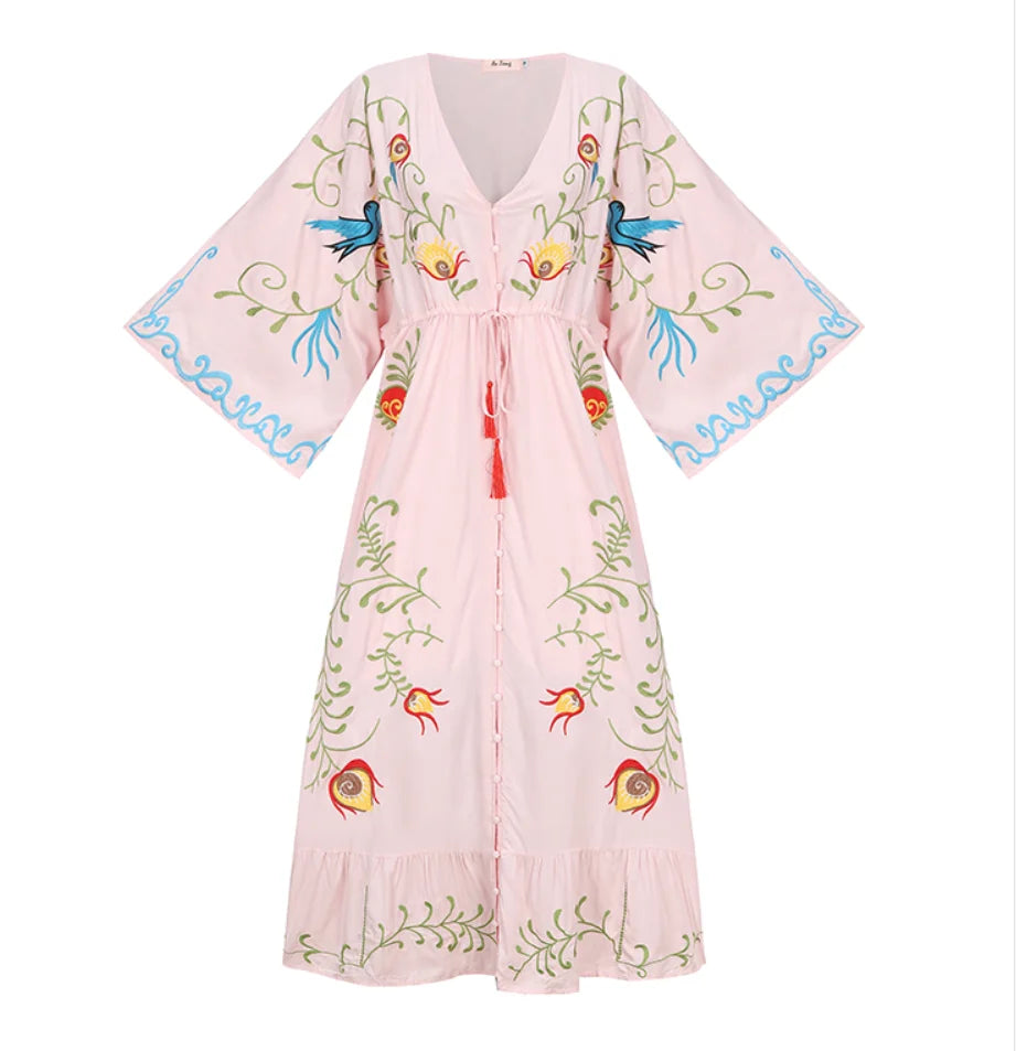 Robe Kimono Légère Brodée rose