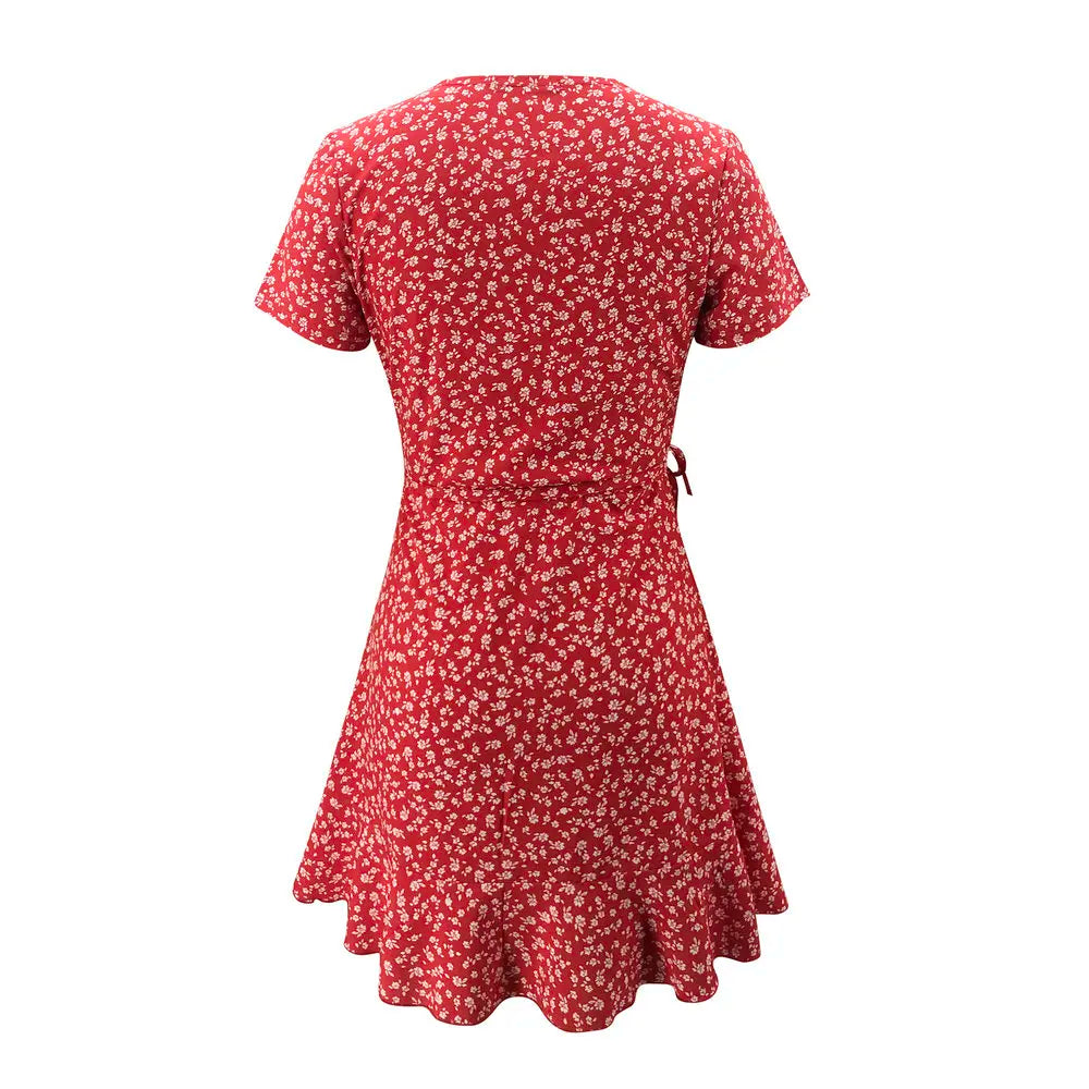 Robe Kimono Rouge Fleurie Estivale Mini