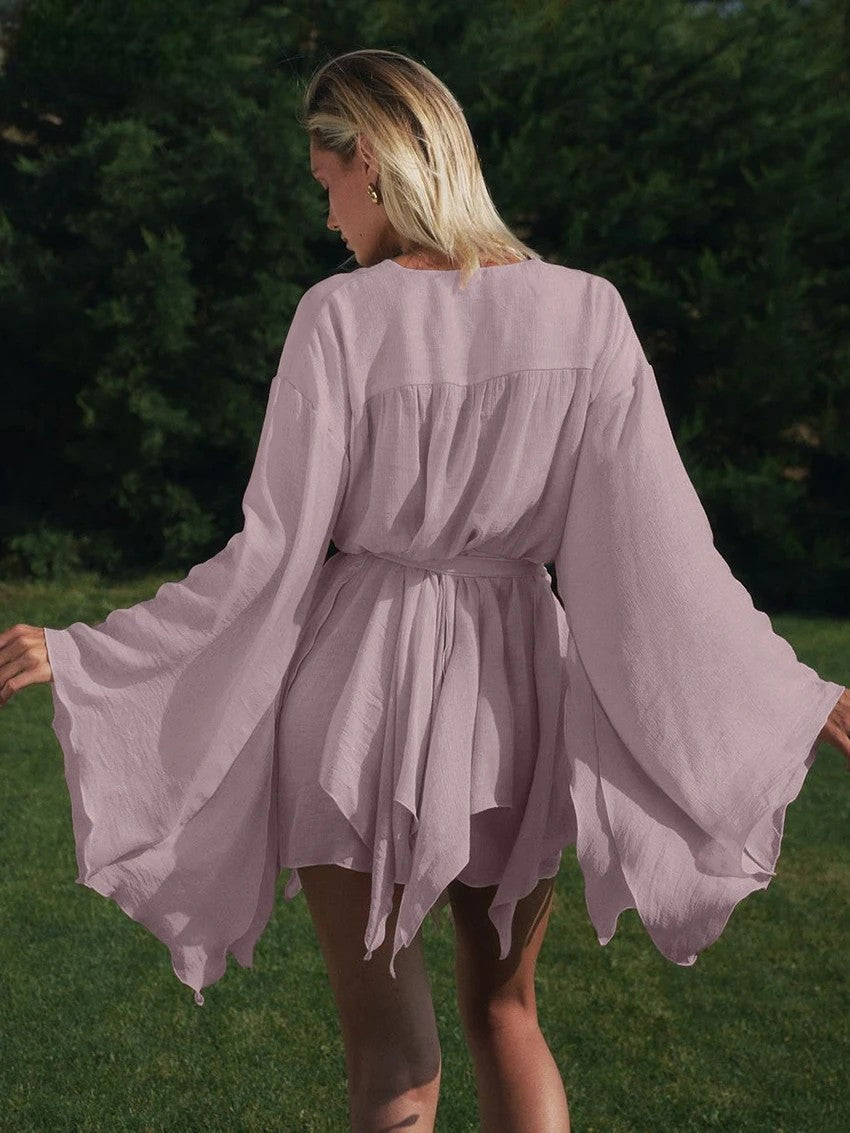 Robe Kimono Sexy à Manches Évasées Violet