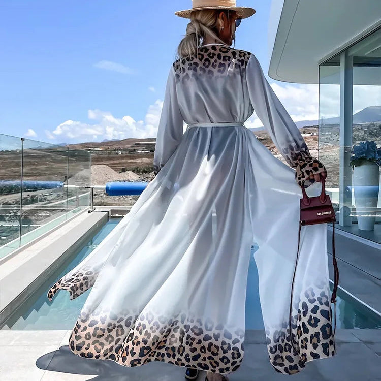 Robe Kimono de Plage Blanc Léopard Léger