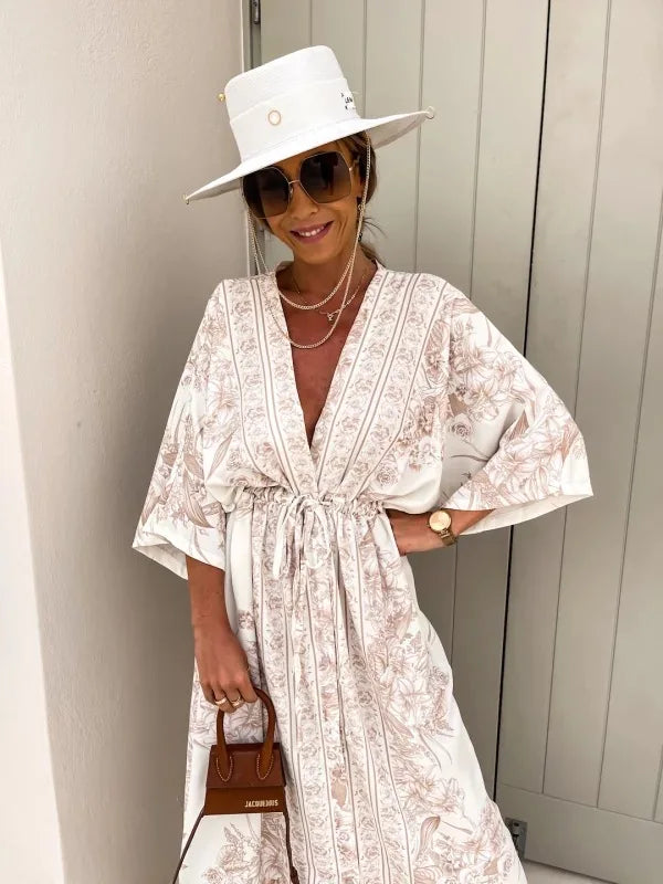 Robe Kimono Boutonnée Beige femme