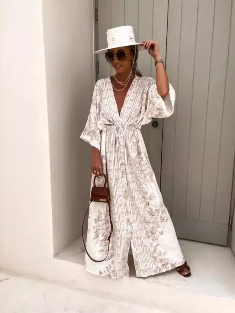 Robe Kimono Boutonnée Beige