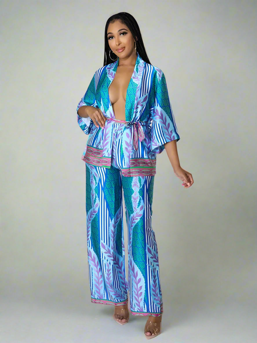 Ensemble Kimono Bleu à Feuillages Sexy