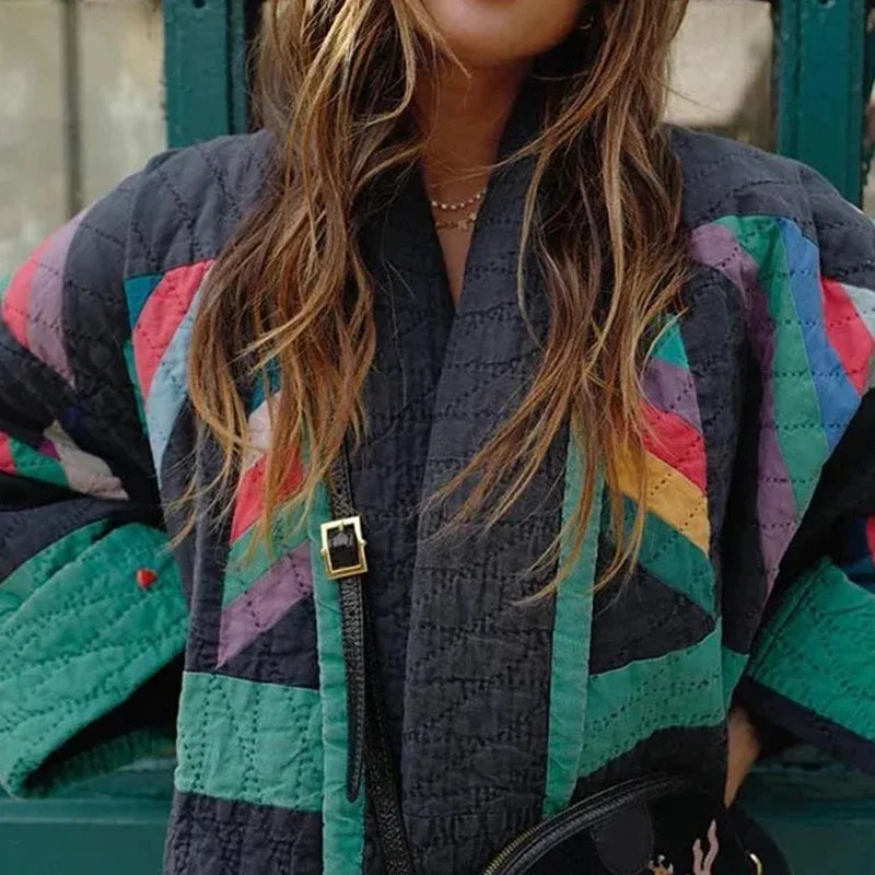 Veste Kimono Rembourrée à Motifs Géométriques Élégante