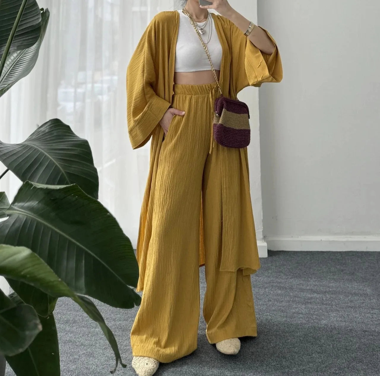 Ensemble Kimono Plissé Jaune Confortable