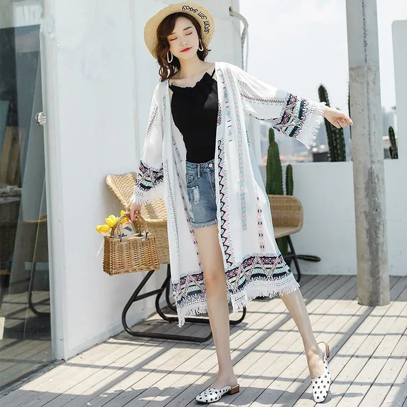 Veste Kimono Femme Blanche à Franges bohème